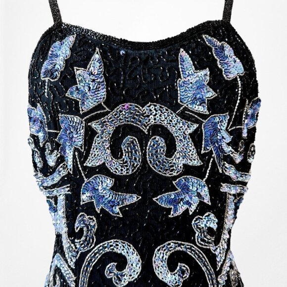 Vintage Black Blue Floral Beaded Silk Bodycon Maxi Prom Dress Size M - Picture 6 of 8